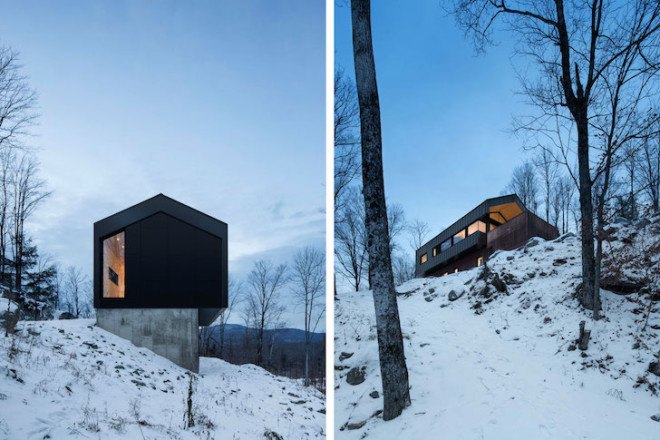 Bolton Residence, mnimalist cabin, cabin, Quebec, Naturehumaine, locally sourced material, timber frame, passive ventilation, slow-combustion fireplace, Eastern Townships, natural plateau, gabled, cantilevered, Bolton Residence by Naturehumaine