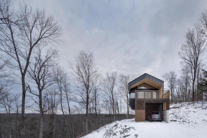 Bolton Residence, mnimalist cabin, cabin, Quebec, Naturehumaine, locally sourced material, timber frame, passive ventilation, slow-combustion fireplace, Eastern Townships, natural plateau, gabled, cantilevered, Bolton Residence by Naturehumaine