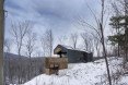 Bolton Residence, mnimalist cabin, cabin, Quebec, Naturehumaine, locally sourced material, timber frame, passive ventilation, slow-combustion fireplace, Eastern Townships, natural plateau, gabled, cantilevered, Bolton Residence by Naturehumaine