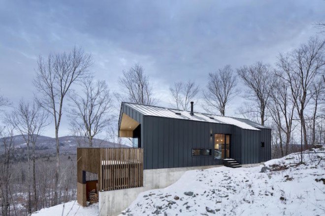 Bolton Residence, mnimalist cabin, cabin, Quebec, Naturehumaine, locally sourced material, timber frame, passive ventilation, slow-combustion fireplace, Eastern Townships, natural plateau, gabled, cantilevered, Bolton Residence by Naturehumaine