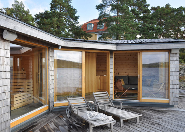 Saltsjobaden Sweden, Saltsjobaden architecture, Faltak, Faltak technique, 1912 Olympic Stadium, Murman Arkitekter, Murman Architects Sweden, timber clad, timber clad sauna, seaside architecture, unobtrusive architecture, Brenner Sauna sweden, Swedish architecture, Brenner Sauna,