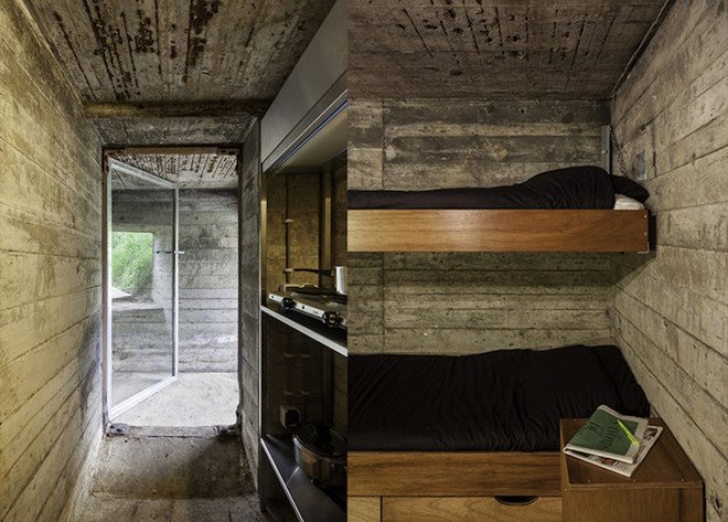 bomb shelter, converted bomb shelter, wartime bunker, bunker, concrete bunker, B-ILD, Bunker pavilion by b-ILD, Cabanon de Vancances, Le Corbusier, Fort Vuren, holiday home, vacation home, the netherlands, MERANTI plywood,
