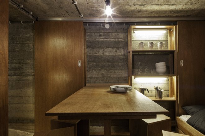 bomb shelter, converted bomb shelter, wartime bunker, bunker, concrete bunker, B-ILD, Bunker pavilion by b-ILD, Cabanon de Vancances, Le Corbusier, Fort Vuren, holiday home, vacation home, the netherlands, MERANTI plywood,