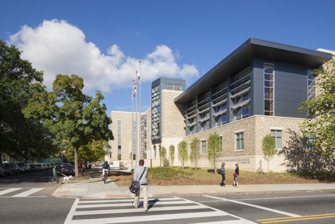 Dunbar High School, Dunbar High School LEED, LEED Platinum, LEED high school, LEED Platinum high school, high school, USGBC, Moody Nolan, Perkins Eastman, solar power, geothermal energy, photovoltaic array, rain gardens, natural lighting, low-flow fixtures, cisterns, Washington DC