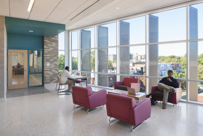 Dunbar High School, Dunbar High School LEED, LEED Platinum, LEED high school, LEED Platinum high school, high school, USGBC, Moody Nolan, Perkins Eastman, solar power, geothermal energy, photovoltaic array, rain gardens, natural lighting, low-flow fixtures, cisterns, Washington DC