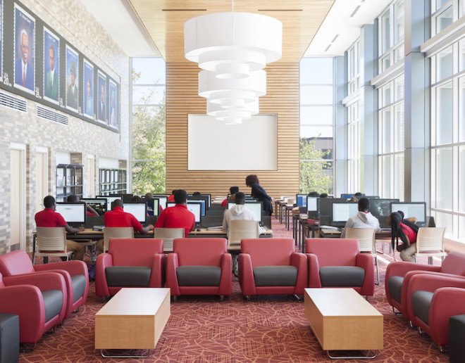 Dunbar High School, Dunbar High School LEED, LEED Platinum, LEED high school, LEED Platinum high school, high school, USGBC, Moody Nolan, Perkins Eastman, solar power, geothermal energy, photovoltaic array, rain gardens, natural lighting, low-flow fixtures, cisterns, Washington DC