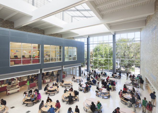 Dunbar High School, Dunbar High School LEED, LEED Platinum, LEED high school, LEED Platinum high school, high school, USGBC, Moody Nolan, Perkins Eastman, solar power, geothermal energy, photovoltaic array, rain gardens, natural lighting, low-flow fixtures, cisterns, Washington DC