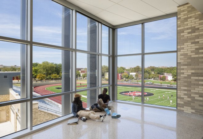 Dunbar High School, Dunbar High School LEED, LEED Platinum, LEED high school, LEED Platinum high school, high school, USGBC, Moody Nolan, Perkins Eastman, solar power, geothermal energy, photovoltaic array, rain gardens, natural lighting, low-flow fixtures, cisterns, Washington DC