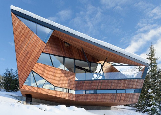 Patkau Architects, Whistler, Hadaway House, Whistler valley, ipe wood, geometric home, wedge-shaped home, British Columbia, ski chalet, contemporary home, thermal mass, steep site