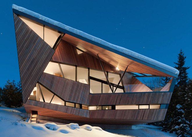 Patkau Architects, Whistler, Hadaway House, Whistler valley, ipe wood, geometric home, wedge-shaped home, British Columbia, ski chalet, contemporary home, thermal mass, steep site