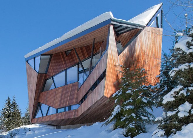 Patkau Architects, Whistler, Hadaway House, Whistler valley, ipe wood, geometric home, wedge-shaped home, British Columbia, ski chalet, contemporary home, thermal mass, steep site