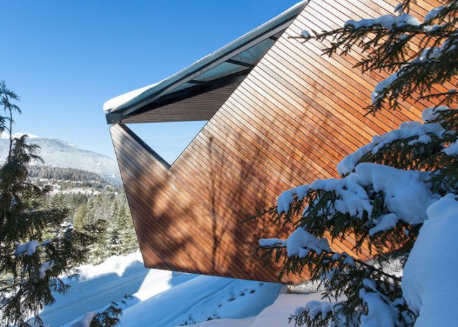 Patkau Architects, Whistler, Hadaway House, Whistler valley, ipe wood, geometric home, wedge-shaped home, British Columbia, ski chalet, contemporary home, thermal mass, steep site