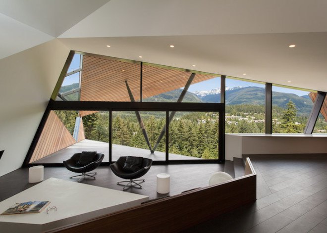 Patkau Architects, Whistler, Hadaway House, Whistler valley, ipe wood, geometric home, wedge-shaped home, British Columbia, ski chalet, contemporary home, thermal mass, steep site