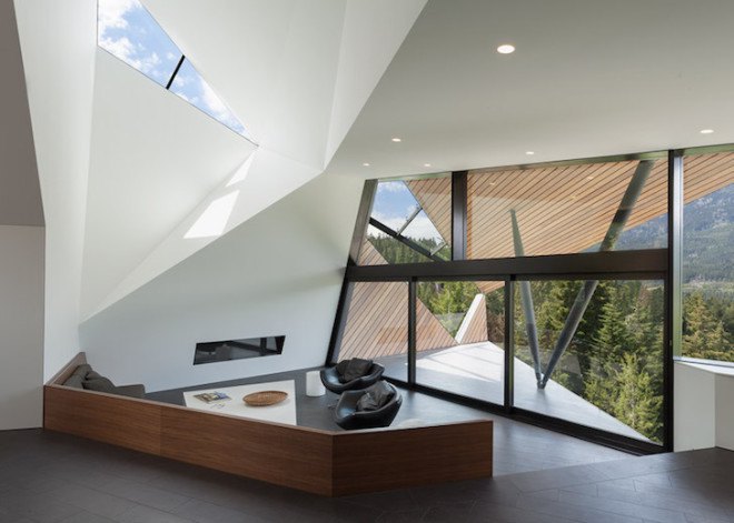Patkau Architects, Whistler, Hadaway House, Whistler valley, ipe wood, geometric home, wedge-shaped home, British Columbia, ski chalet, contemporary home, thermal mass, steep site