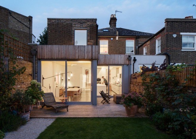 Haptic Architects, Victorian house, London, London architects, green renovation, green extension, untreated timber, timber facade, wooden facade, wooden cladding, skylights, wooden stairs, concrete fireplace