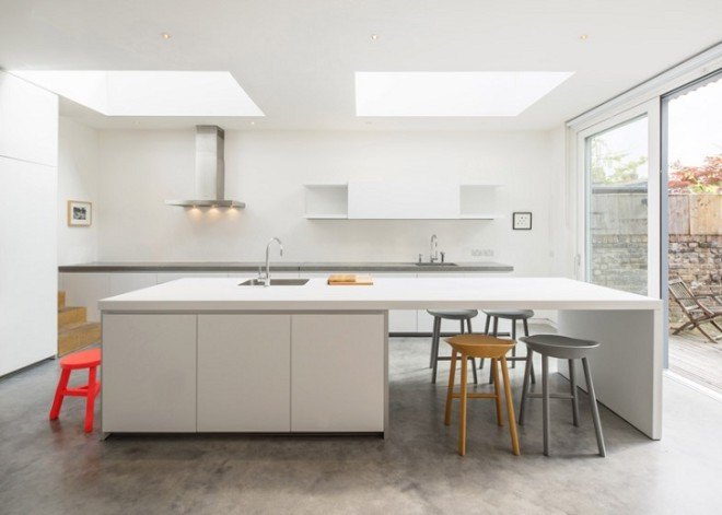 Haptic Architects, Victorian house, London, London architects, green renovation, green extension, untreated timber, timber facade, wooden facade, wooden cladding, skylights, wooden stairs, concrete fireplace