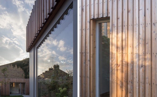 Haptic Architects, Victorian house, London, London architects, green renovation, green extension, untreated timber, timber facade, wooden facade, wooden cladding, skylights, wooden stairs, concrete fireplace