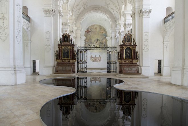 We Find Wildness, Bellelay, Romain Crelier, oil spill, motor oil, oil art, baroque architecture, art installation, art, waste oil, recycled oil,