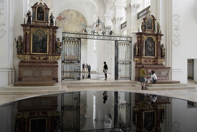 We Find Wildness, Bellelay, Romain Crelier, oil spill, motor oil, oil art, baroque architecture, art installation, art, waste oil, recycled oil,