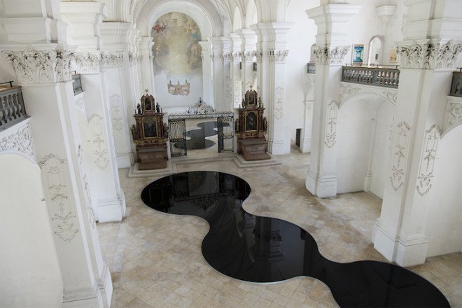We Find Wildness, Bellelay, Romain Crelier, oil spill, motor oil, oil art, baroque architecture, art installation, art, waste oil, recycled oil,