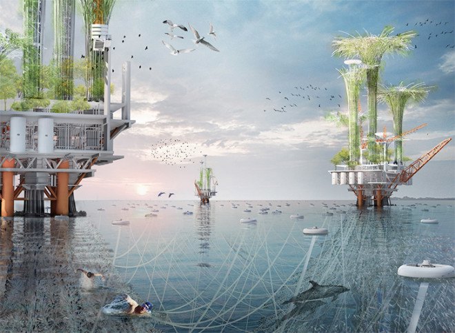 Noah Oasis skyscraper, offshore oil rigs, oil spill, marine life, bio-habitat, vertical habitat, green skyscraper, eVolo skyscraper competition 2015, coral reef, environmental destruction
