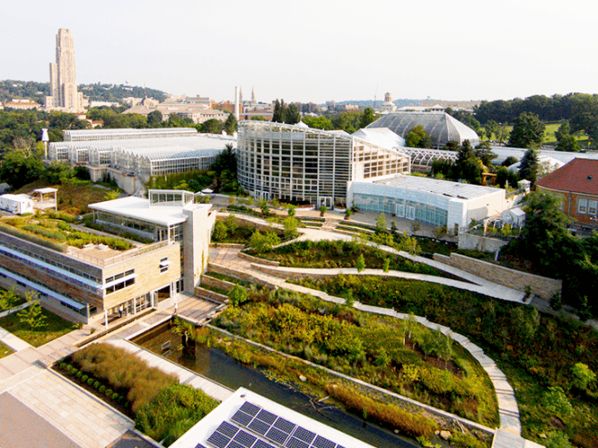 Phipps Center for Sustainable Landscapes, Phipps Conservatory and Botanical Gardens, Pittsburgh, Pennsylvania, green buildings, green architecture, LEED Platinum buildings, Well certified buildings, Living Building Challenge certification, living building challenge, Four Stars Sustainable SITES Initiative, Well building platinum certified, renewable energy, solar panels, solar power, rainwater harvesting, net-zero energy, net-zero architecture, wind turbines, geothermal wells, geothermal technology, Rooftop Energy Recovery Unit, rain gardens, green roof, former brownfield