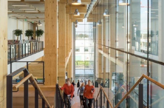 Arup Associates, London, timber architecture, prefab timber, wood structure, Wood in Architecture Award, prefab architecture, glulam, glass facade, flexible spaces, green architecture