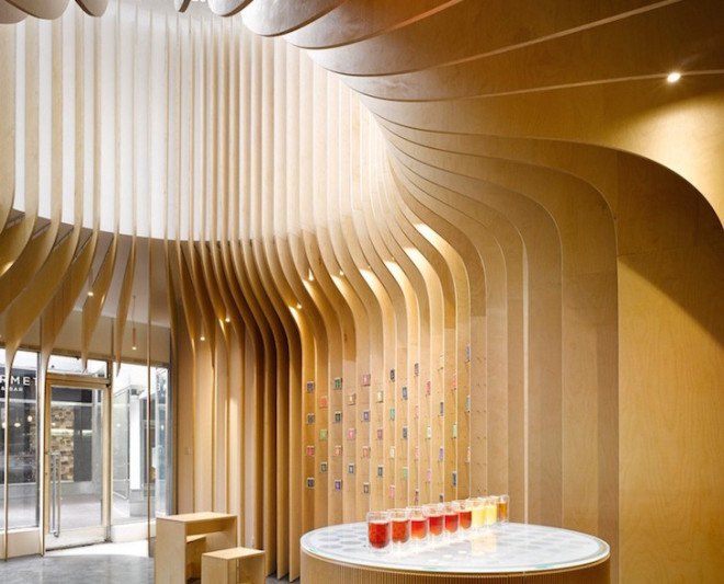 Czech Republic, Prague, tea shop, modern, minimalist design, tea store, T Lounge, Studio pha, medium-density firewood, plywood, squeegee-grade micro topping, micro topping, skylight, birch veneer