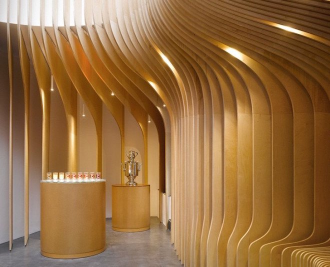 Czech Republic, Prague, tea shop, modern, minimalist design, tea store, T Lounge, Studio pha, medium-density firewood, plywood, squeegee-grade micro topping, micro topping, skylight, birch veneer