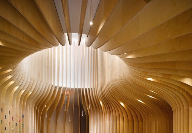 Czech Republic, Prague, tea shop, modern, minimalist design, tea store, T Lounge, Studio pha, medium-density firewood, plywood, squeegee-grade micro topping, micro topping, skylight, birch veneer