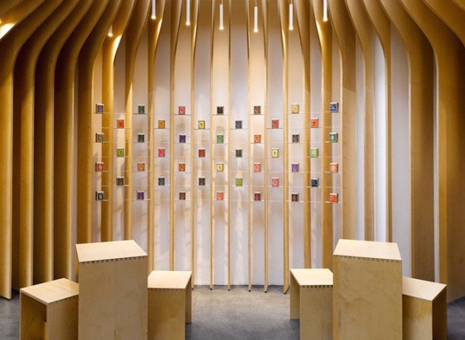 Czech Republic, Prague, tea shop, modern, minimalist design, tea store, T Lounge, Studio pha, medium-density firewood, plywood, squeegee-grade micro topping, micro topping, skylight, birch veneer