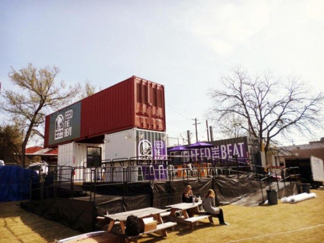 Taco Bell shipping container stand, SXSW 2015, shipping container design, modular design, shipping container restaurants, sustainable design, sustainable restaurants, urban design, taco bell design, kitchen design, sustainable building, sustainable materials