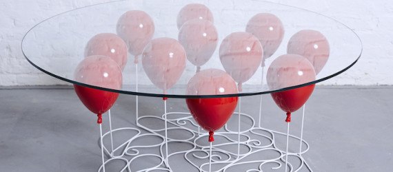 UP Balloon Tables, Bob Monkhouse, optical illusion, coffee table, balloons, Duffy London, glass, ethically sourced materials, metal resin composite