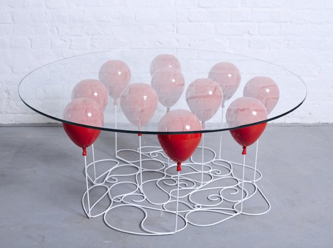 UP Balloon Tables, Bob Monkhouse, optical illusion, coffee table, balloons, Duffy London, glass, ethically sourced materials, metal resin composite