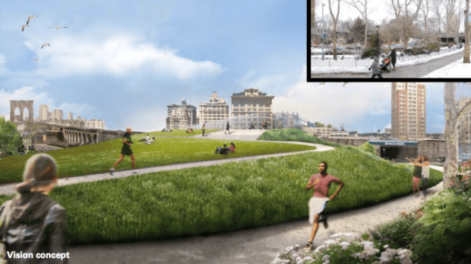 WXY Studio, Brooklyn Strand, Claire Weisz, greenway brooklyn, Borough Hall Park, Cadman Plaza Park, Commodore Barry Park and the Brooklyn bridge, Manhattan bridges, landscape design nyc, brooklyn strand design, strand map, urban design, landscape plans nyc,
