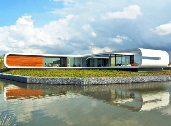 Villa New Water, Waterstudio.NL, waterfront family house, waterfront architecture, The Netherlands, natural lighting, waterfront villa, bamboo, glass facade