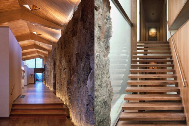 sandstone, black walnut, Wildcat Ridge Residence, Voorsanger Architects, Aspen, Colorado, geothermal energy, geothermal well, floor to ceiling glass, panoramic views, mountains, mountain ridge, Rocky mountains, moss rock wall
