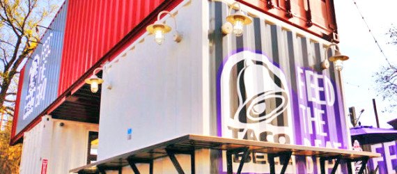 Taco Bell shipping container stand, SXSW 2015, shipping container design, modular design, shipping container restaurants, sustainable design, sustainable restaurants, urban design, taco bell design, kitchen design, sustainable building, sustainable materials