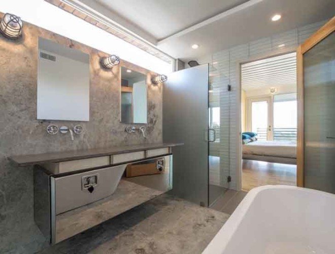 Bathroom, truck toolbox, M Gooden Design, shipping container home, Dallas shipping container home, 14 shipping containers, 14 shipping container home, shipping container house