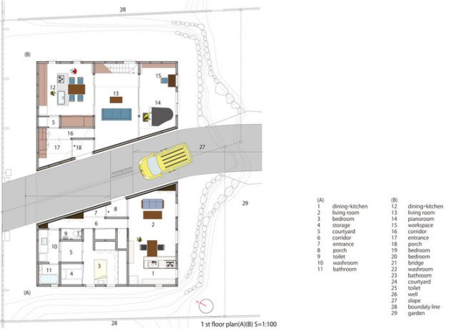 naf architect and design, Akio Nakasa, arch wall house, japanese architecture, japanese home design, pairs of homes, homes built together, generational homes, homes with archways