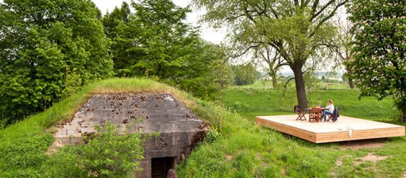 bomb shelter, converted bomb shelter, wartime bunker, bunker, concrete bunker, B-ILD, Bunker pavilion by b-ILD, Cabanon de Vancances, Le Corbusier, Fort Vuren, holiday home, vacation home, the netherlands, MERANTI plywood,
