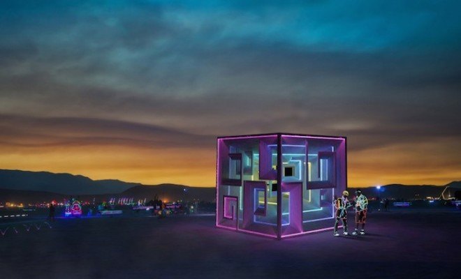 parametric design, radical self reliance, burning man, burning man festival, 2015, led lighting, geometric design, origami, carnival of mirrors, black rock desert, nevada, helix, helical structures, infinity tree, tobias power, wewanttolearn.net, reflection, lorna jackson, bismuth bivouac, digital fabrication
