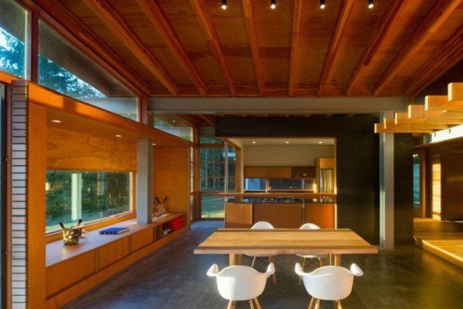 Bohlin Cywinski Jackson, green-roofed house, Henry Island residence, green roof, natural materials, plywood, cedar, Washington architecture, house on stilts, pavilion, green architecture