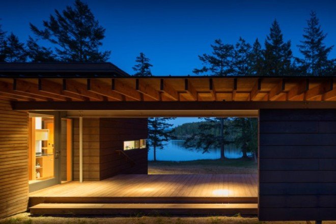 Bohlin Cywinski Jackson, green-roofed house, Henry Island residence, green roof, natural materials, plywood, cedar, Washington architecture, house on stilts, pavilion, green architecture