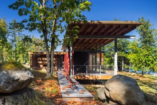 Bohlin Cywinski Jackson, green-roofed house, Henry Island residence, green roof, natural materials, plywood, cedar, Washington architecture, house on stilts, pavilion, green architecture