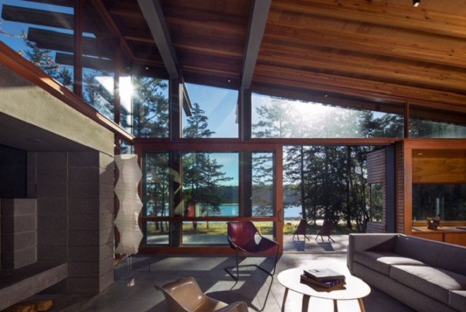 Bohlin Cywinski Jackson, green-roofed house, Henry Island residence, green roof, natural materials, plywood, cedar, Washington architecture, house on stilts, pavilion, green architecture