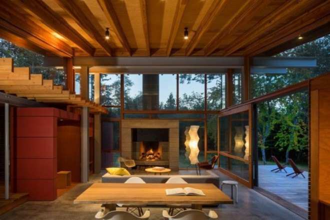 Bohlin Cywinski Jackson, green-roofed house, Henry Island residence, green roof, natural materials, plywood, cedar, Washington architecture, house on stilts, pavilion, green architecture