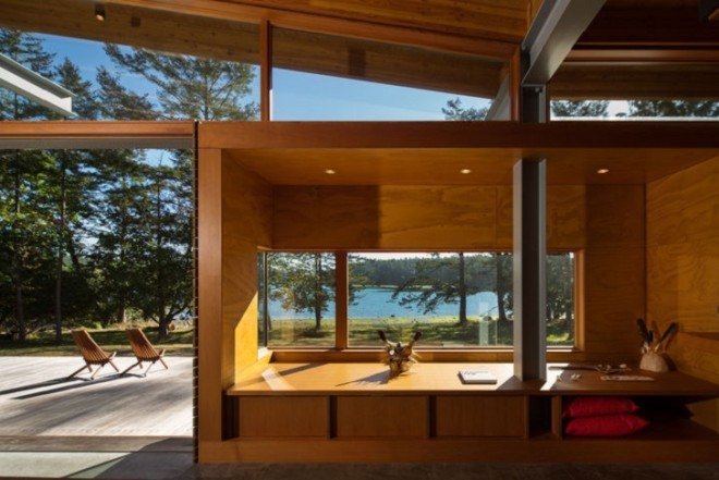 Bohlin Cywinski Jackson, green-roofed house, Henry Island residence, green roof, natural materials, plywood, cedar, Washington architecture, house on stilts, pavilion, green architecture