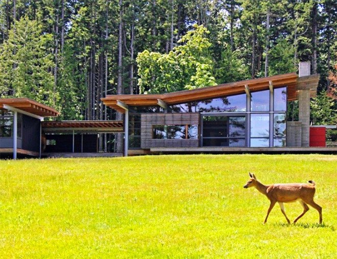 Bohlin Cywinski Jackson, green-roofed house, Henry Island residence, green roof, natural materials, plywood, cedar, Washington architecture, house on stilts, pavilion, green architecture