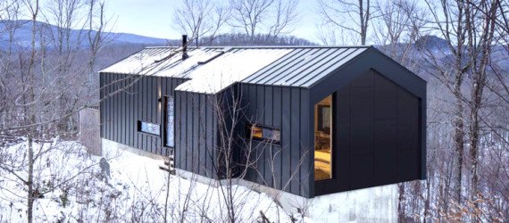 Bolton Residence, mnimalist cabin, cabin, Quebec, Naturehumaine, locally sourced material, timber frame, passive ventilation, slow-combustion fireplace, Eastern Townships, natural plateau, gabled, cantilevered, Bolton Residence by Naturehumaine
